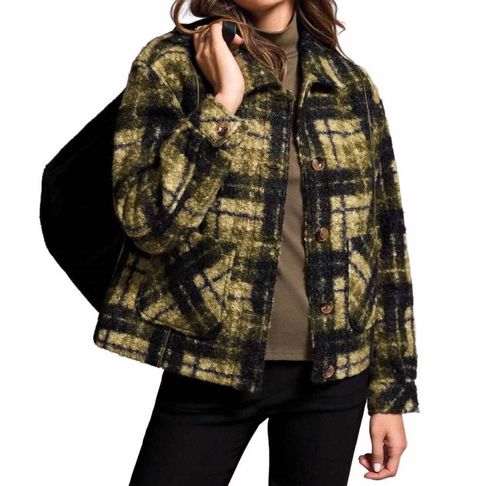 NEW TRIBAL textured plaid lined button-front jacket in ivy
